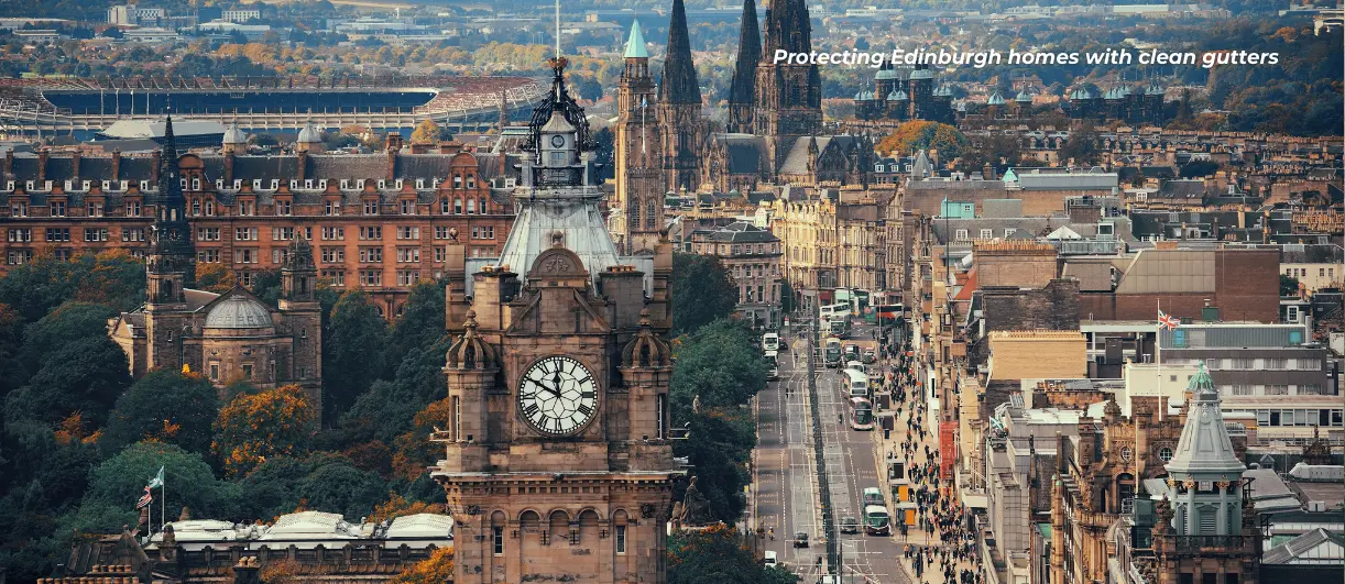 A landscape showing an urban Edinburgh street in a birds eye view showing what gutter cleaners generally deal with when it comes to the roofs they operate around and the importance of gutter cleaning.