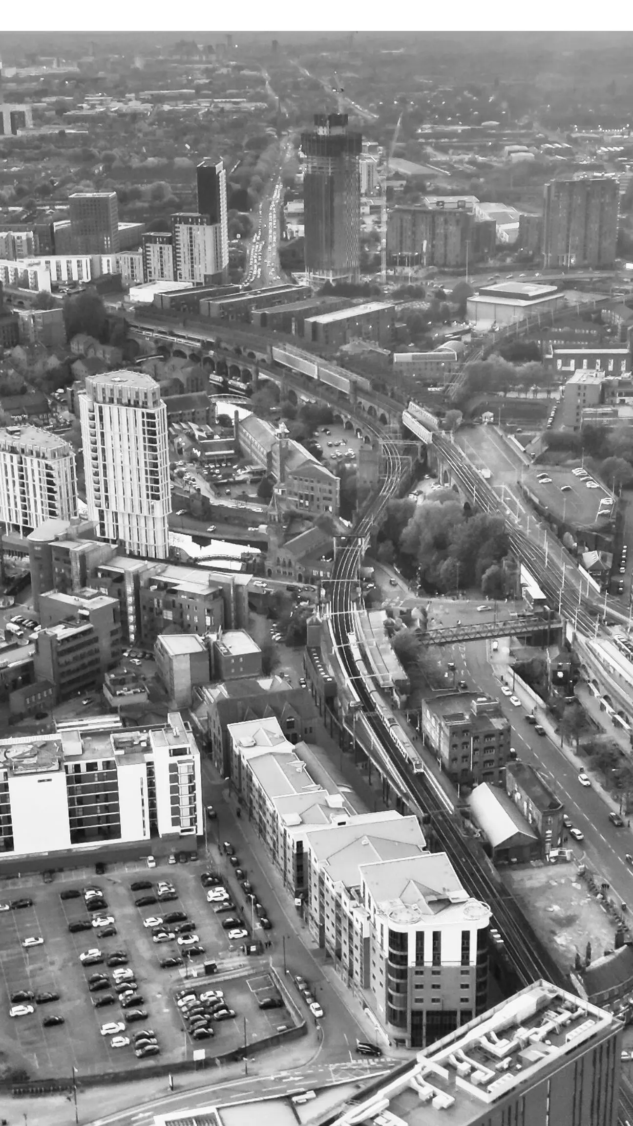 This is a black and white aesthetically pleasing city portrait of Manchester, the purpose is to typically show what our gutter cleaners tend to work with in this large scale environment
