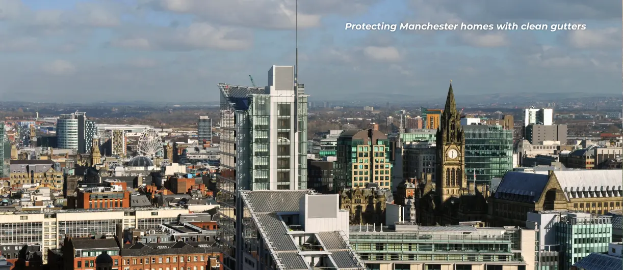 This is a landscape autograph showing a backdrop of roofs and buildings, typically what gutter cleaners commonly deal with in Manchester specifically.