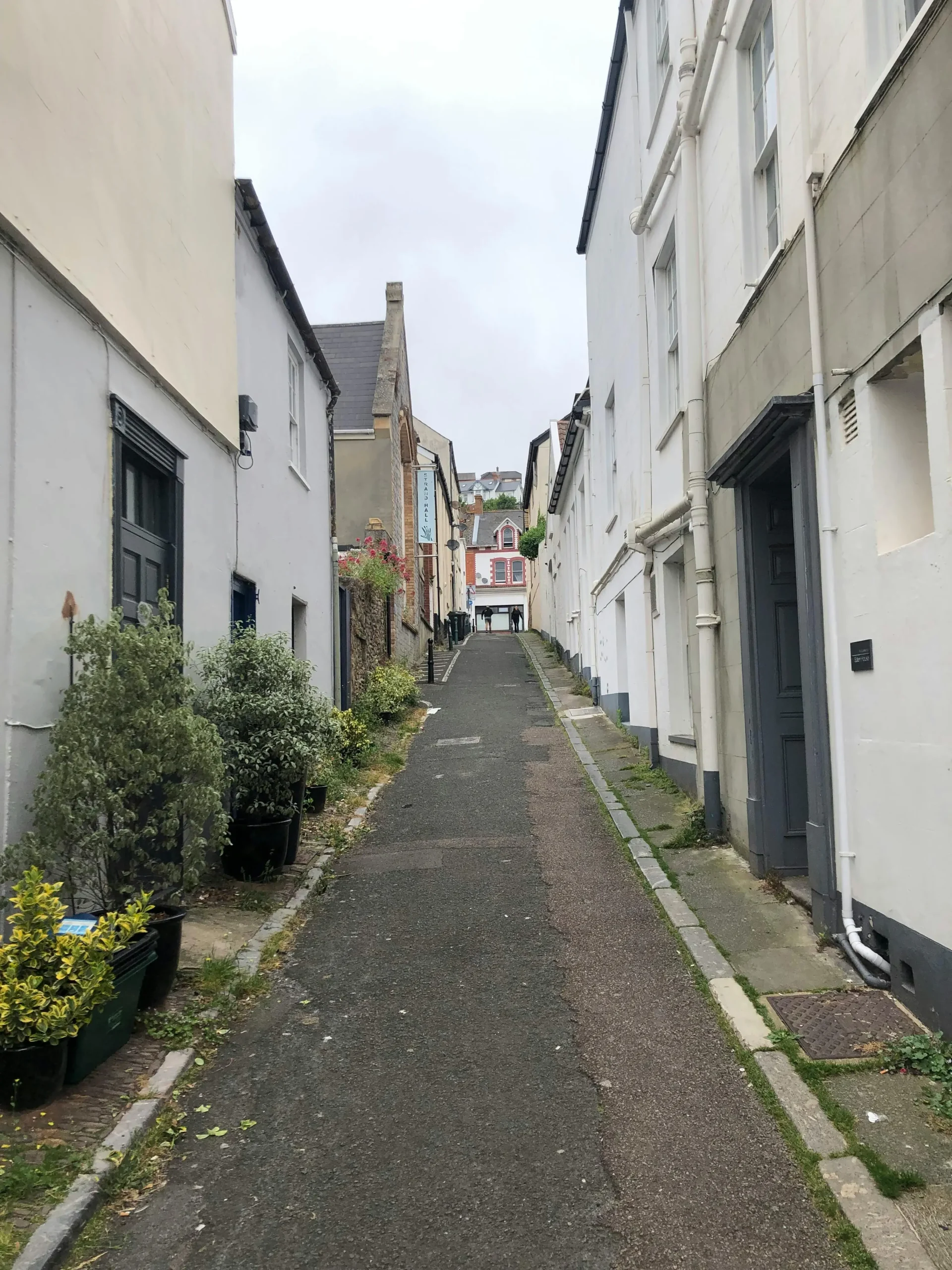 A narrow English street in Devon showing gutters that need to be cleaned whilst providing decorative and locational context.