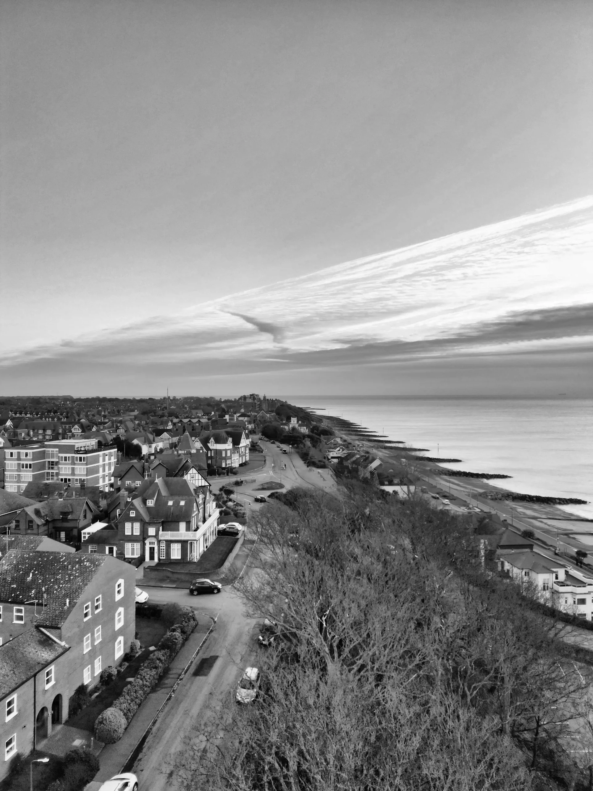 A black and white portrait of Norfolk, showing surrounding houses that gutter cleaners come and clean regularly.