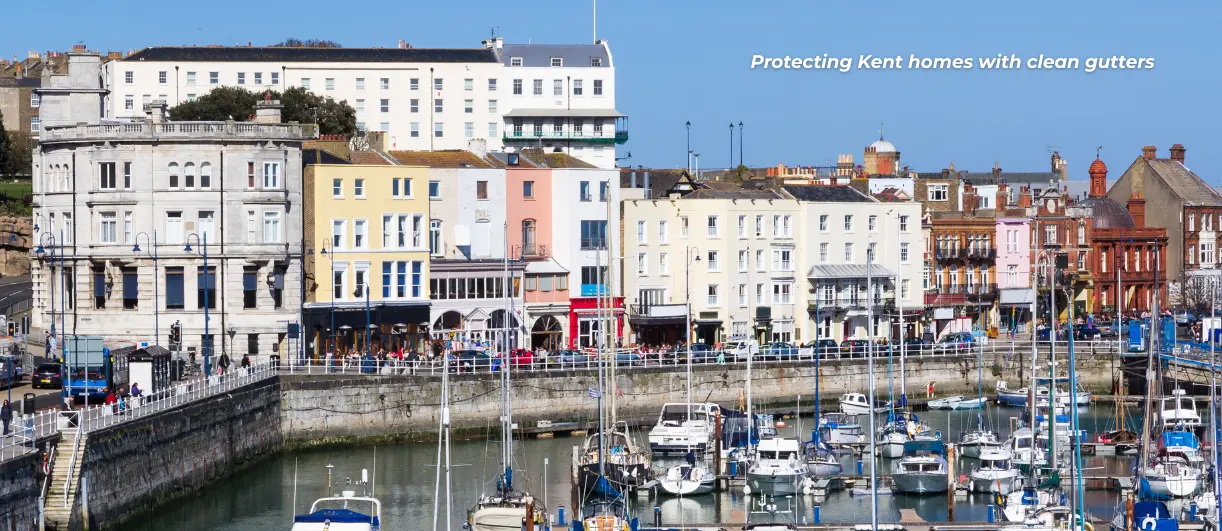 A landscape of Kent showing a harbor and a collage of buildings for locational context.