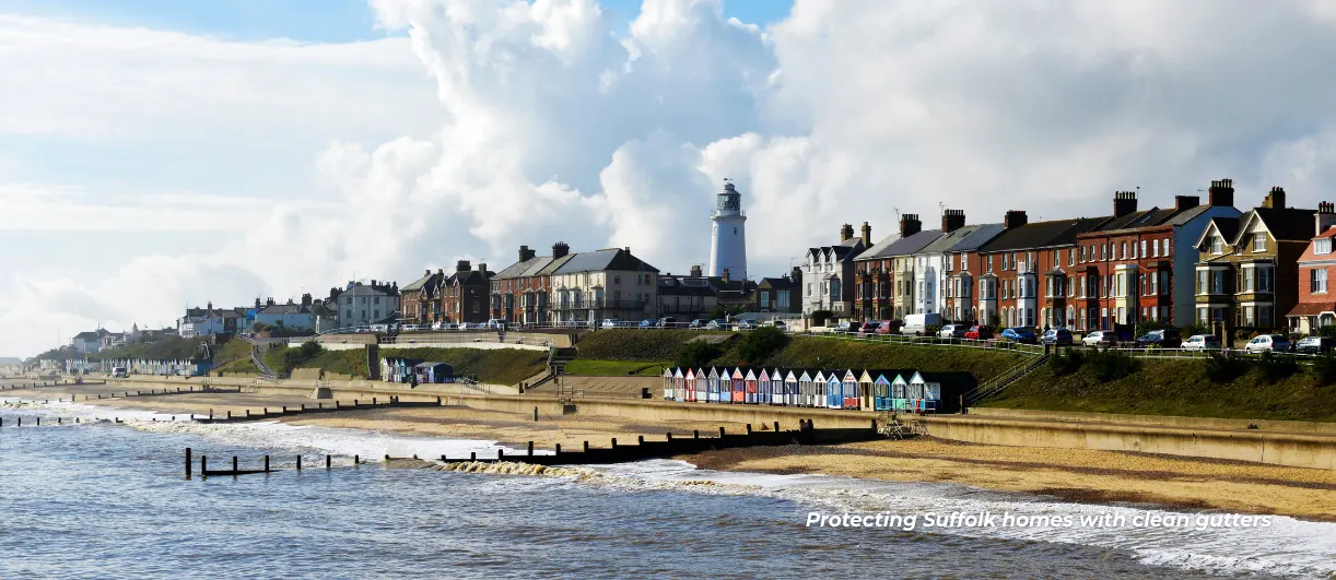 A landscape showing the coastal settings of Suffolk displaying gutters that need cleaning in the area. Catered to locational target audience.